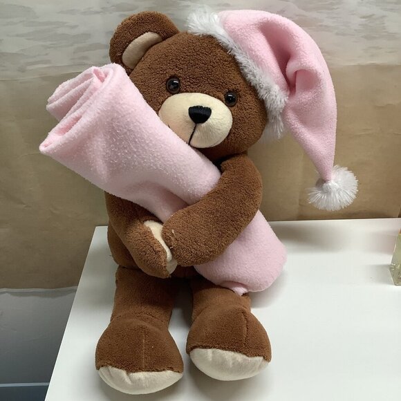 Vintage Teddy Bear With Sleep Hat & Blanket Rare Preloved - Picture 1 of 6